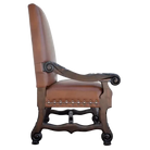 Brown leather armchair with decorative wood frame armrests 