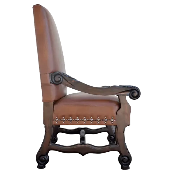 Brown leather armchair with decorative wood frame armrests 