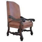 Brown leather armchair with decorative armrests on a white background