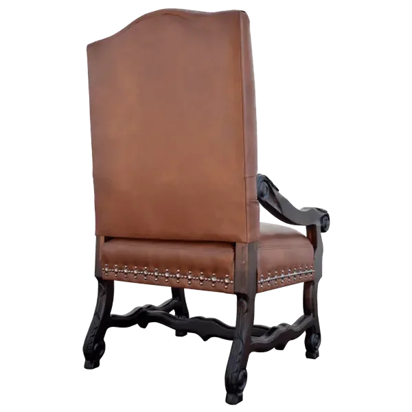 Brown leather armchair with dark wood legs on a white background