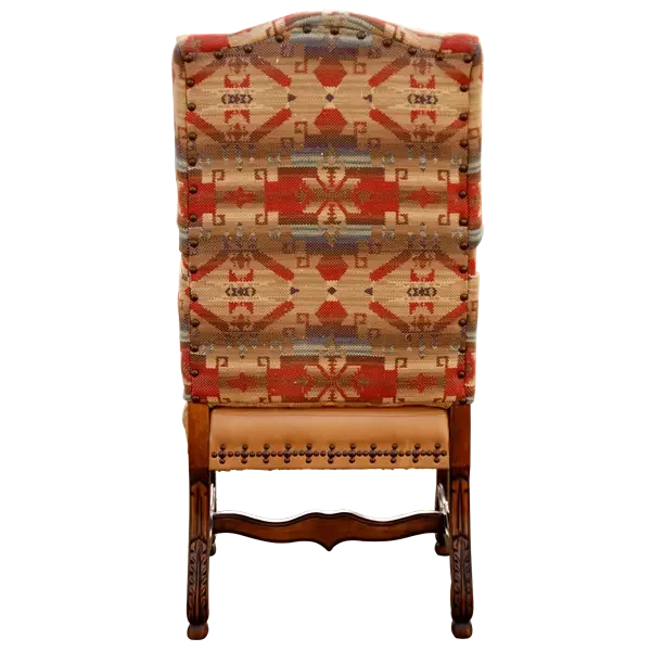 Dining Chair with patterned fabric and wooden frame with nail tacking detail