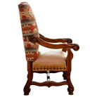 Decorative armchair with patterned backrest and carved wood frame