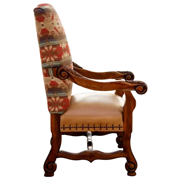 Decorative armchair with patterned backrest and carved wood frame