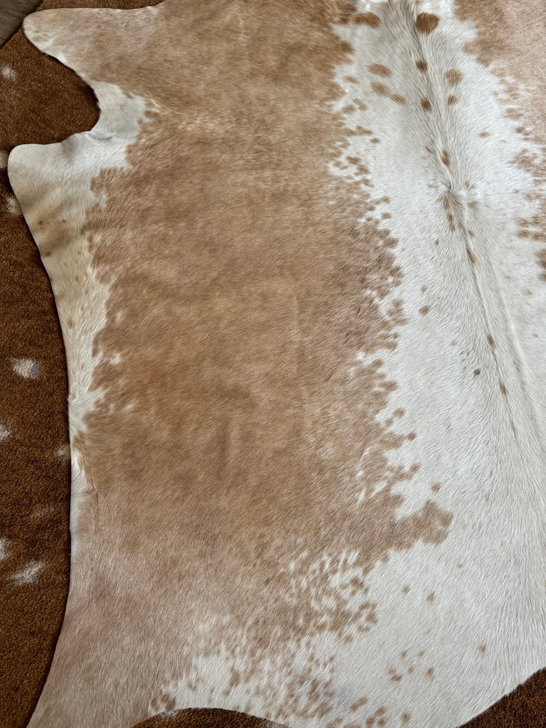 Close up of beige and white Brazilian cowhide rug
