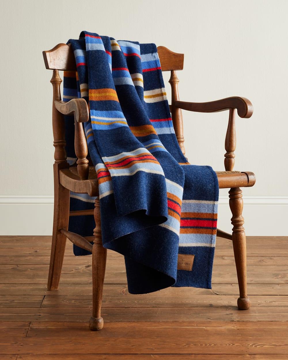 Bridger Stripe Wool Throw Navy - 100% Wool - Red, Orange & White Stripes on Navy - Pendleton Woolen Mills - Your Western Decor