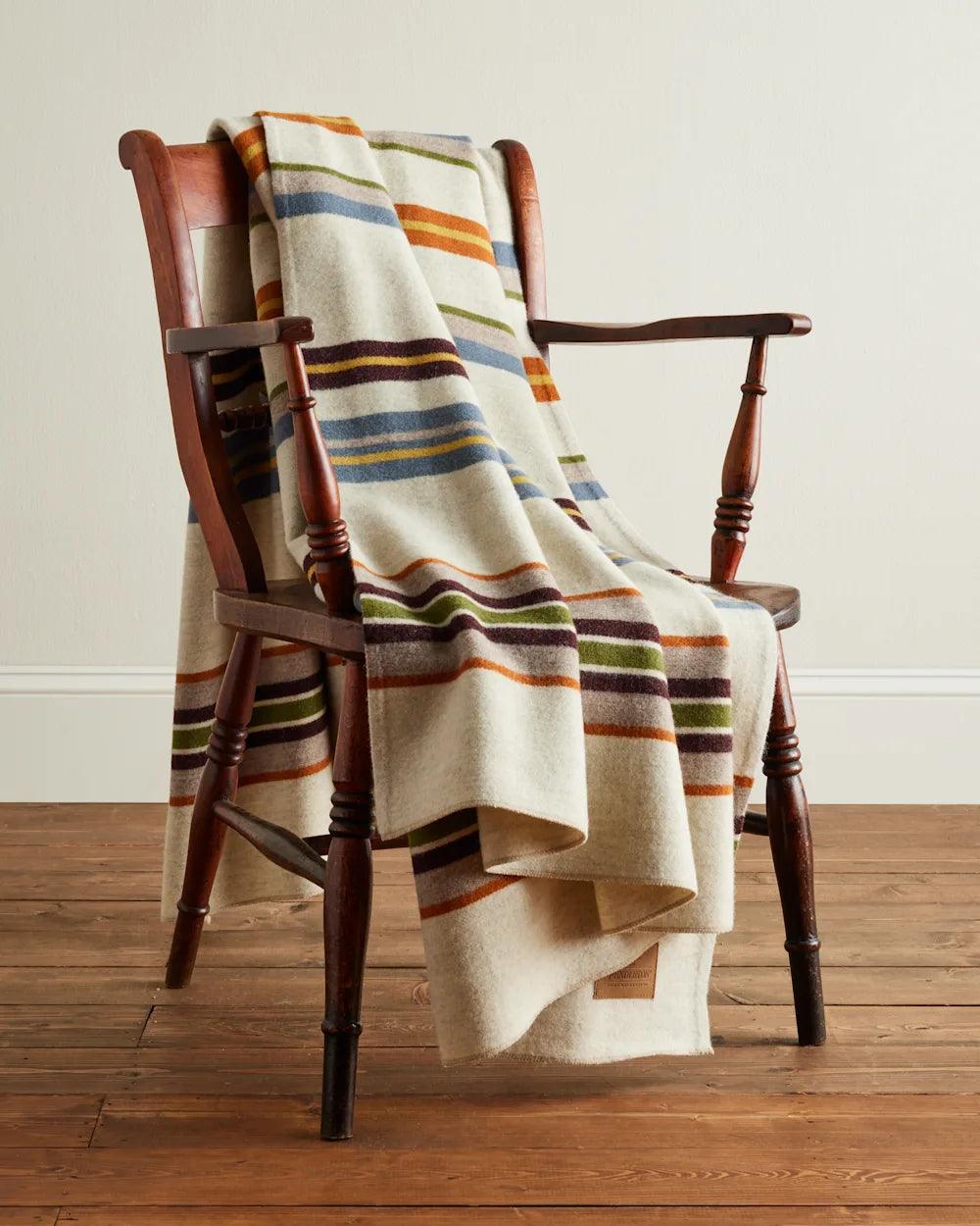 Bridger Stripe Wool Throw Blanket - Ivory - Blue, Brown, Green & Yellow Striped on Ivory - Your Western Decor