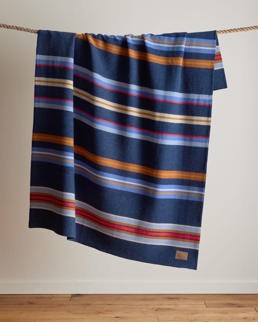 Bridger Stripe Wool Throw Navy - 100% Wool - Red, Orange & White Stripes on Navy - Pendleton Woolen Mills - Your Western Decor