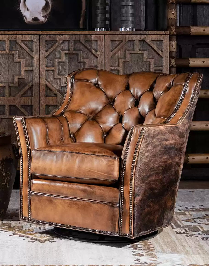 American made Brindle Cowhide & Tufted Leather Swivel Glider - Your Western Decor