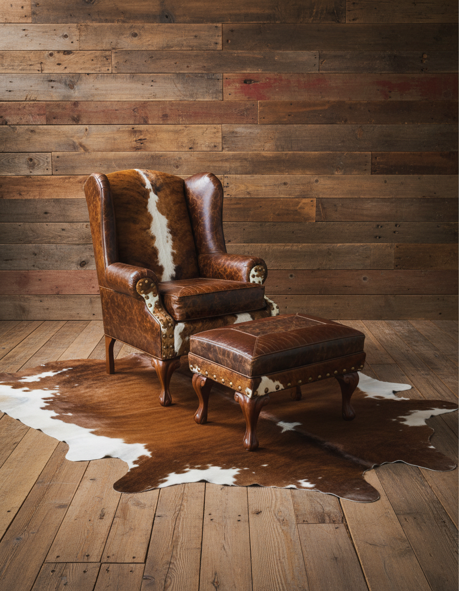 Cowhide and leather ottoman and wingback chair - Your Western Decor