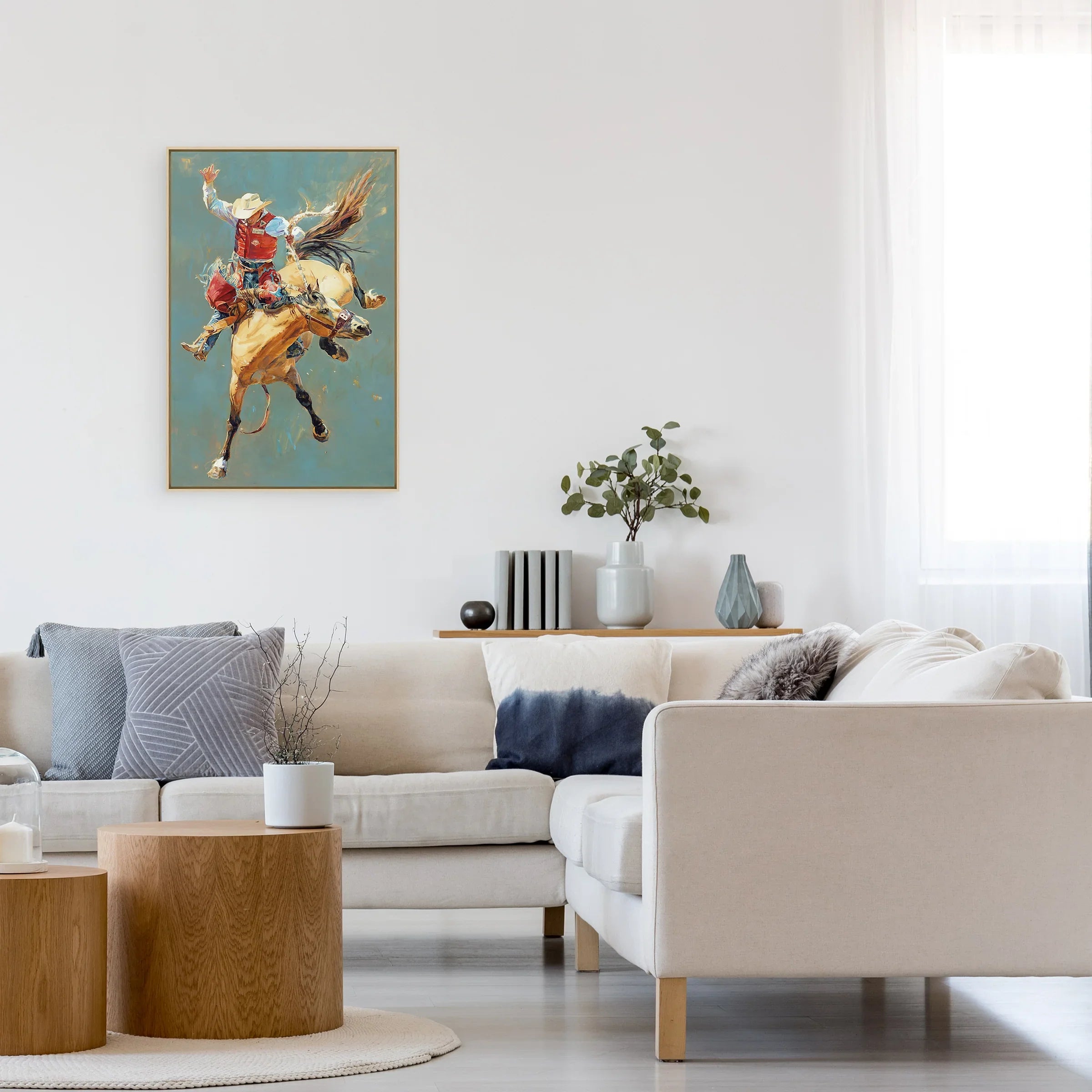 Buckskin Bronc Rodeo Canvas Art in living room - Your Western Decor