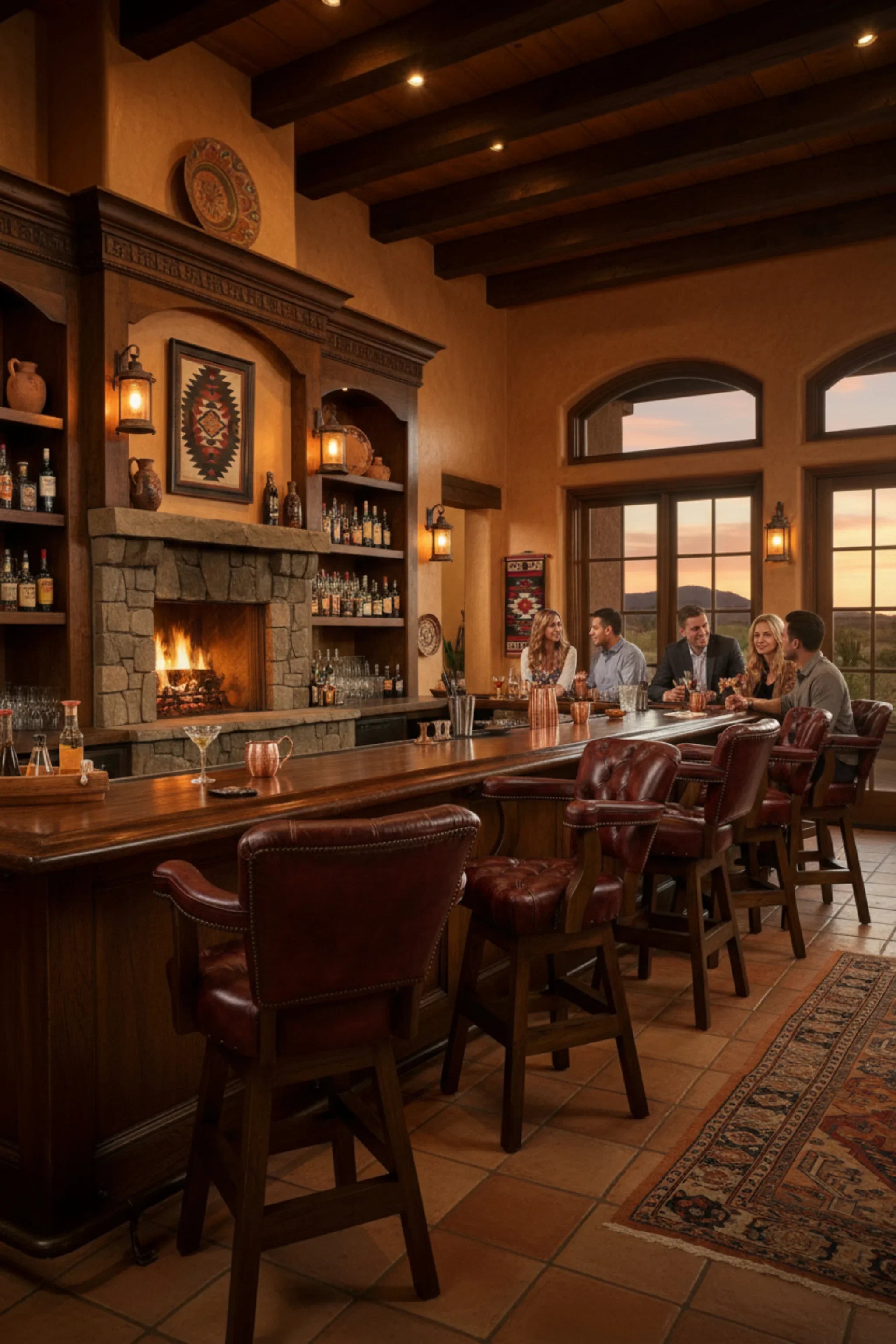 Bar with red burnished leather barstools - Your Western Decor