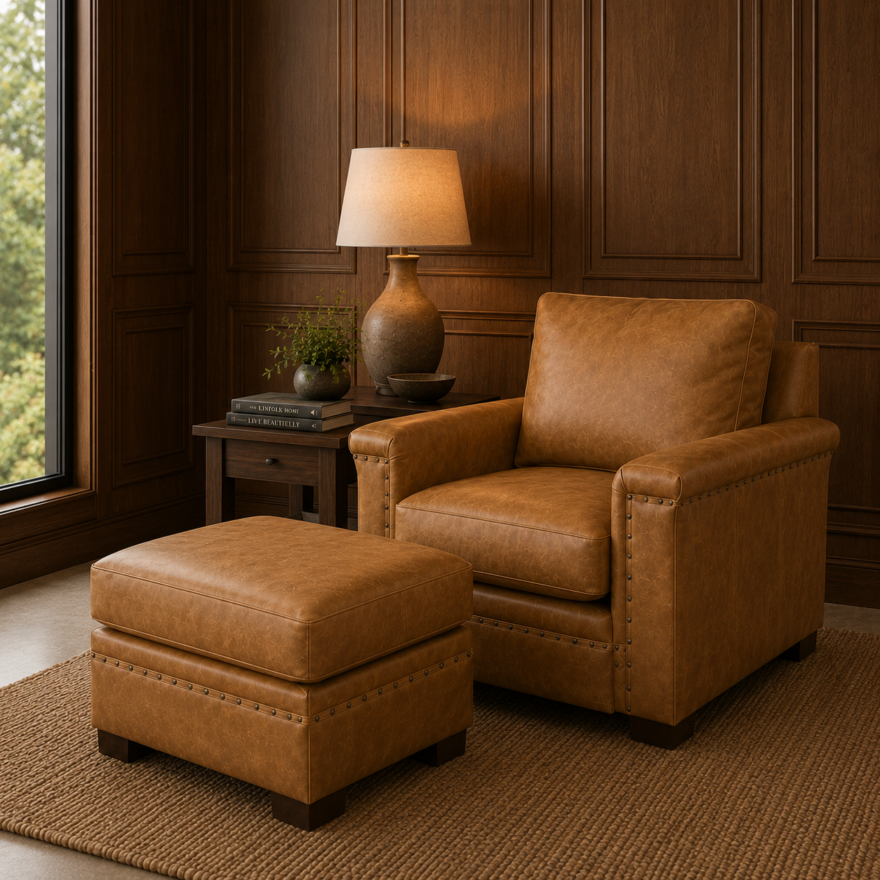 Butter Crunch Lux Chair and Ottoman in caramel leather against rich dark walnut wood paneling, styled with a woven rug, warm ambient lighting, dark wood side table and elegant western-inspired Decor.