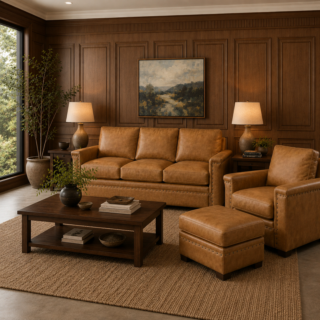 Warm modern western living room with caramel leather sofa and matching chair and ottoman set, rich dark wood wall paneling, woven neutral rug, dark wood coffee table, soft table lamps and earthy natural decor in a cozy upscale interior.