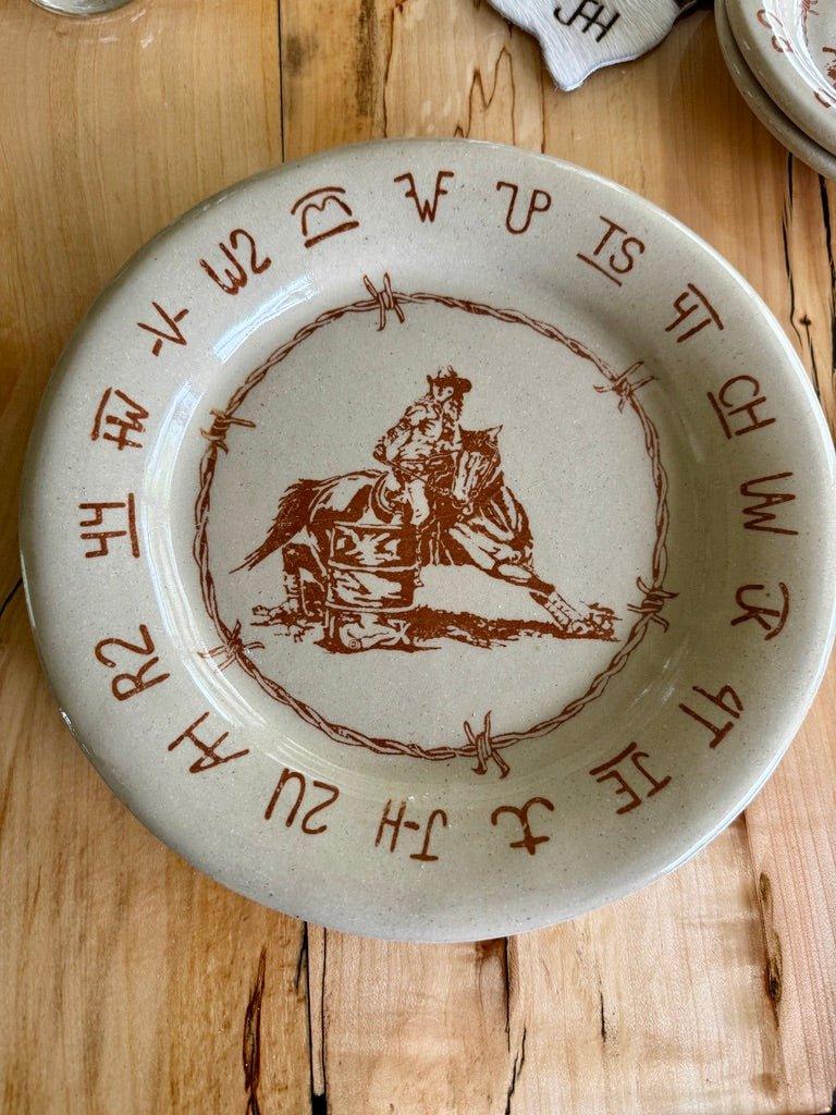 Blue Mountain Brands Salad Plate with barrel racer, barbed wire and brands. Handmade in Pendleton, Oregon for Your Western Decor