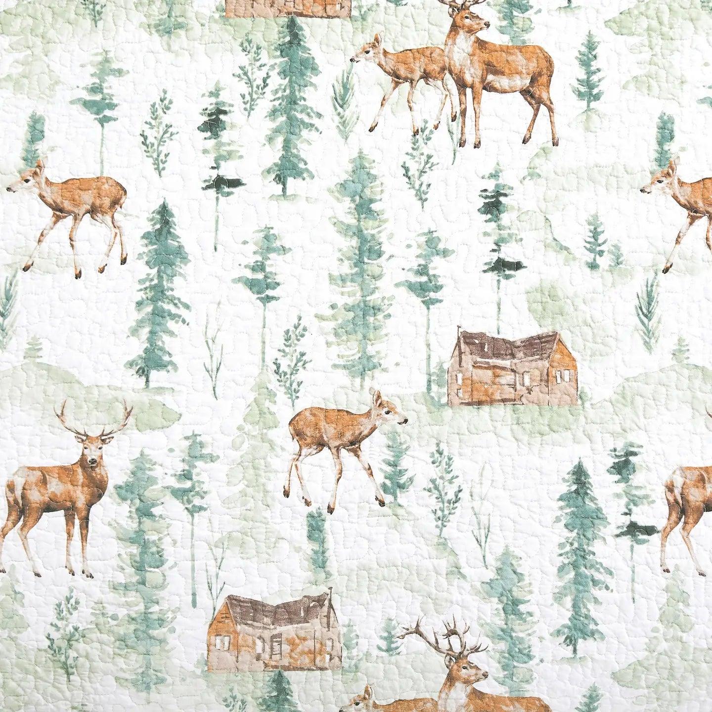 Cabin in The Woods Quilt Set - Cabins, Trees, Deer - Reversible - 3 Piece Set - Your Western Decor