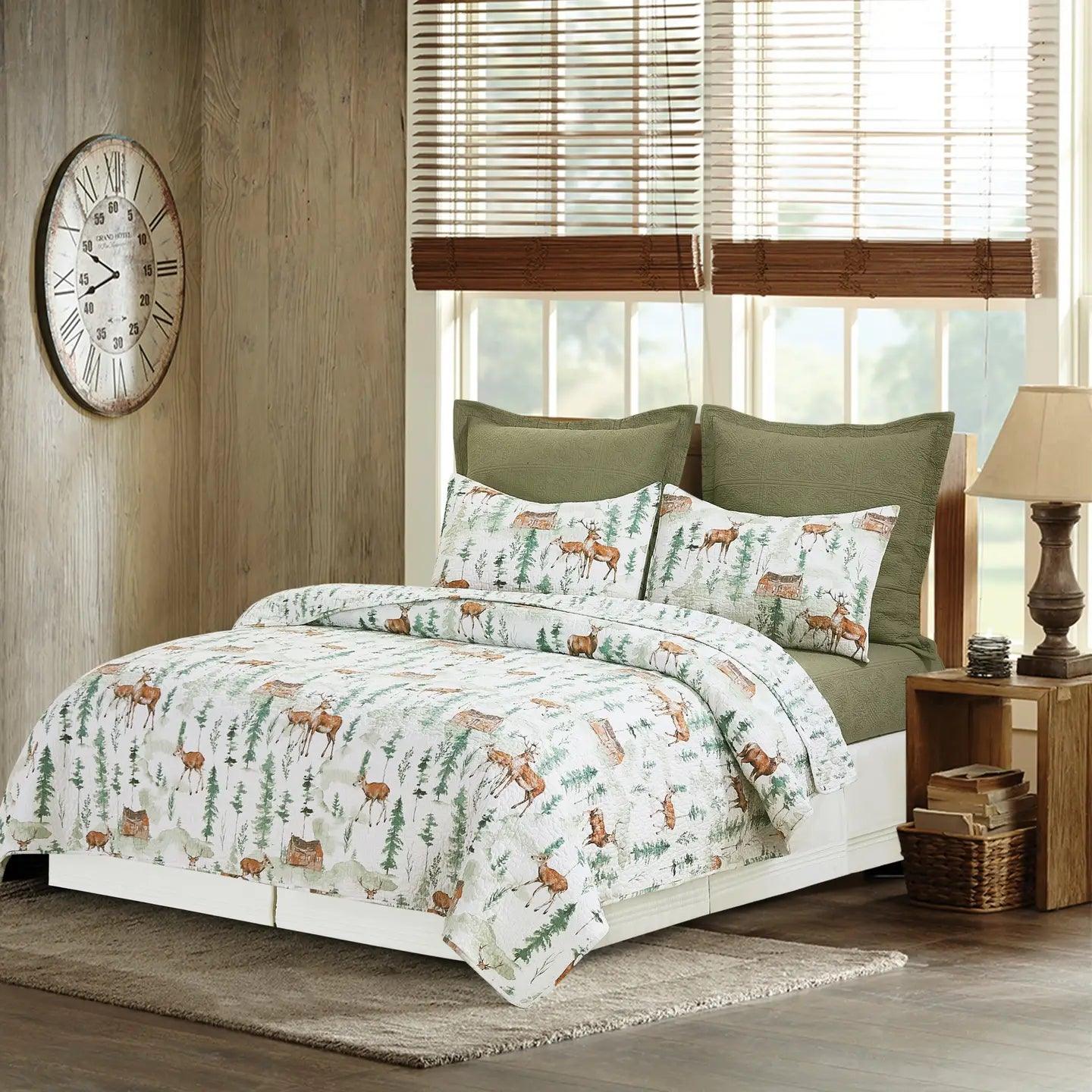 Cabin in The Woods Quilt Set - Cabins, Trees, Deer - Reversible - 3 Piece Set - Your Western Decor