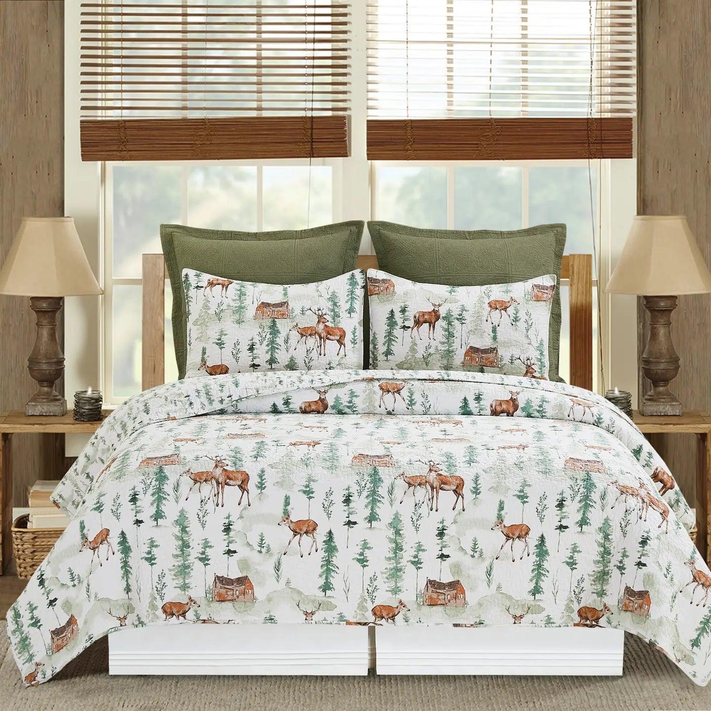 Cabin in The Woods Quilt Set - Cabins, Trees, Deer - Reversible - 3 Piece Set - Your Western Decor