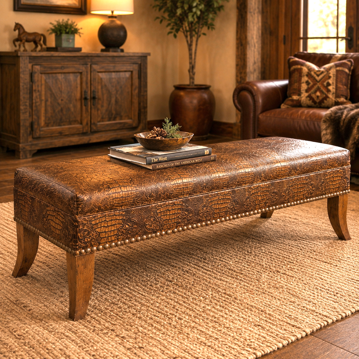 Caden Western leather cocktail ottoman in embossed croc leather styled in luxury ranch living room