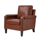 Carson Brown Leather Chair in genuine leather with nailhead trim and tapered wood legs, angled view