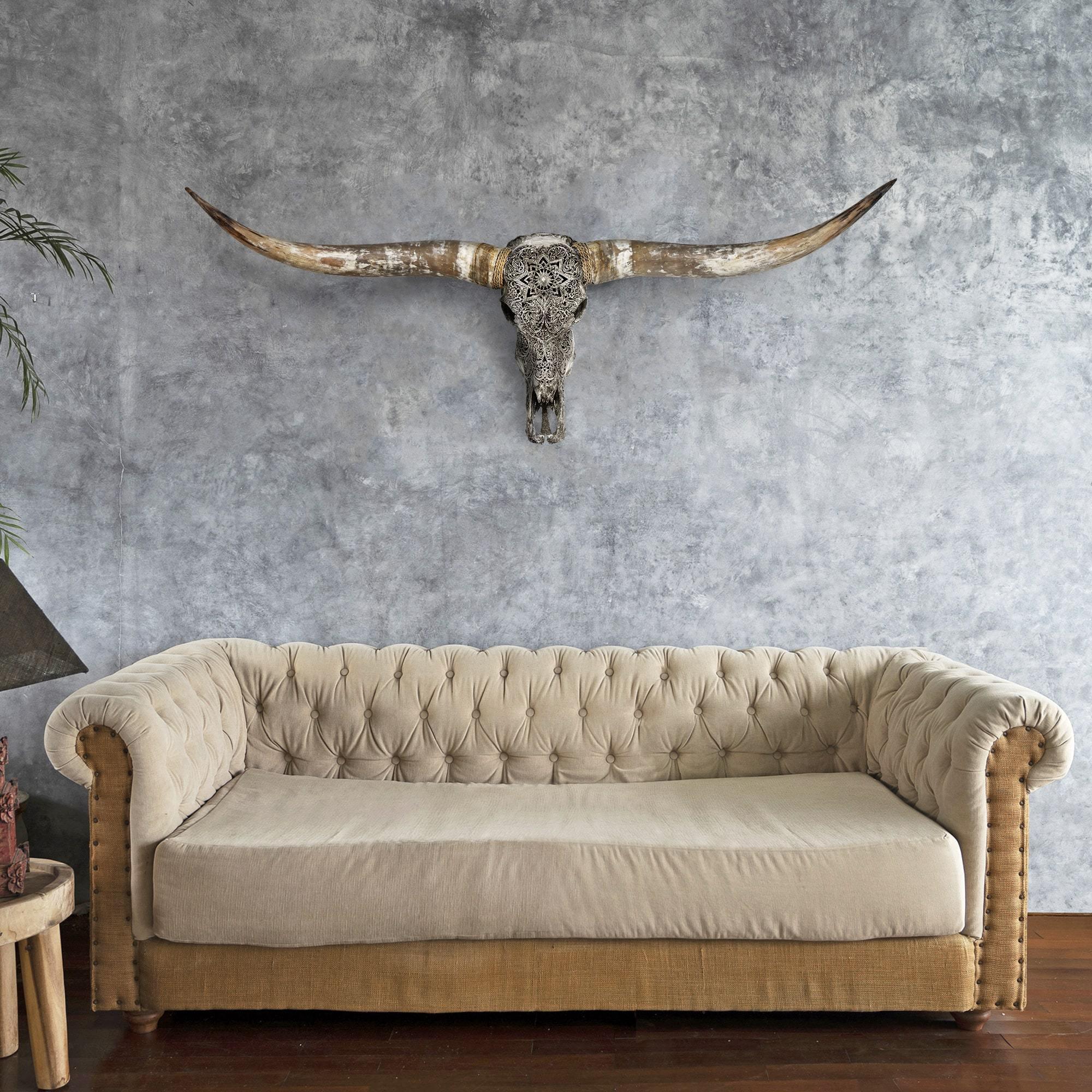 Grey Mandala Carved Longhorn Skull - Your Western Decor