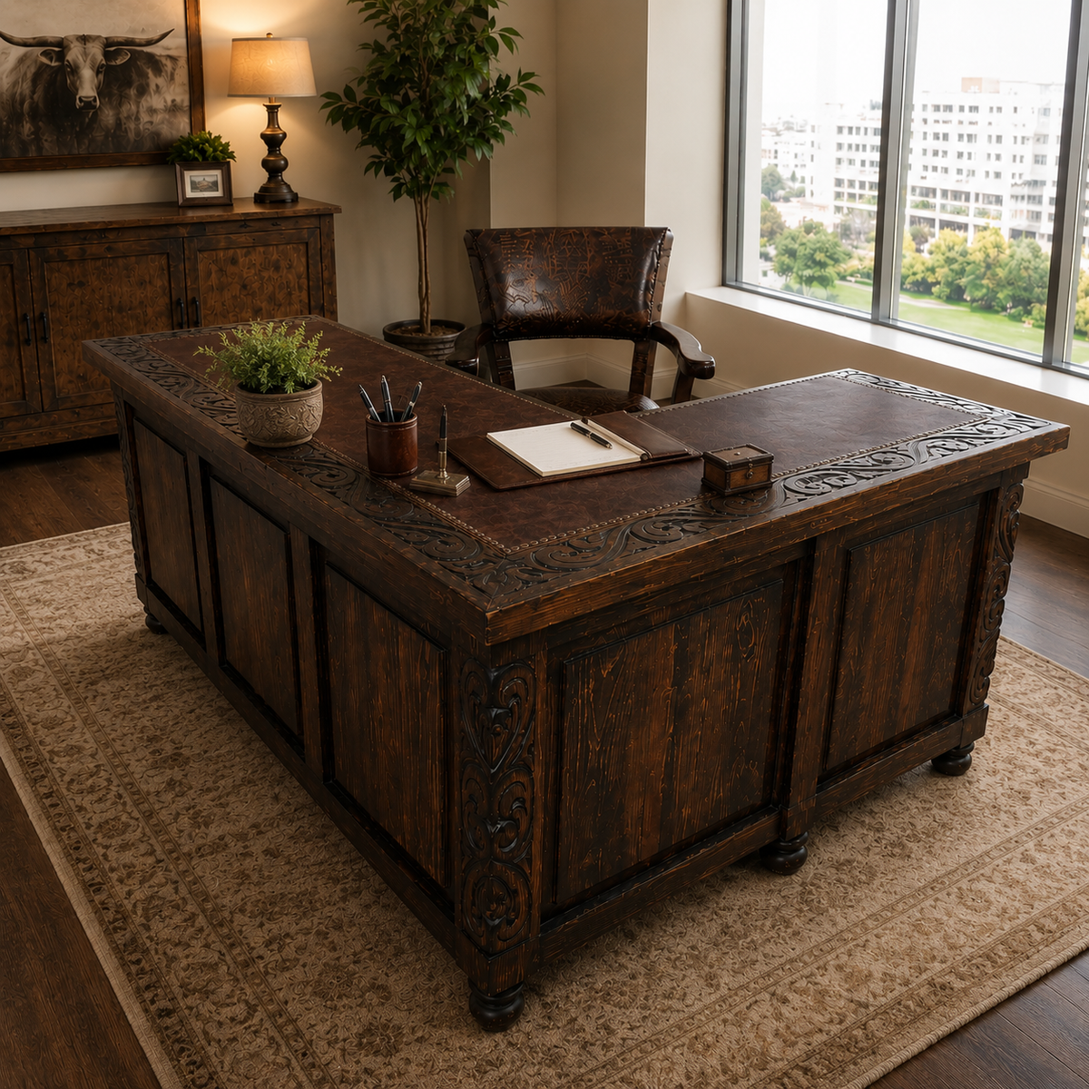 Rustic Leather Top L-Shape Desk | Your Western Decor