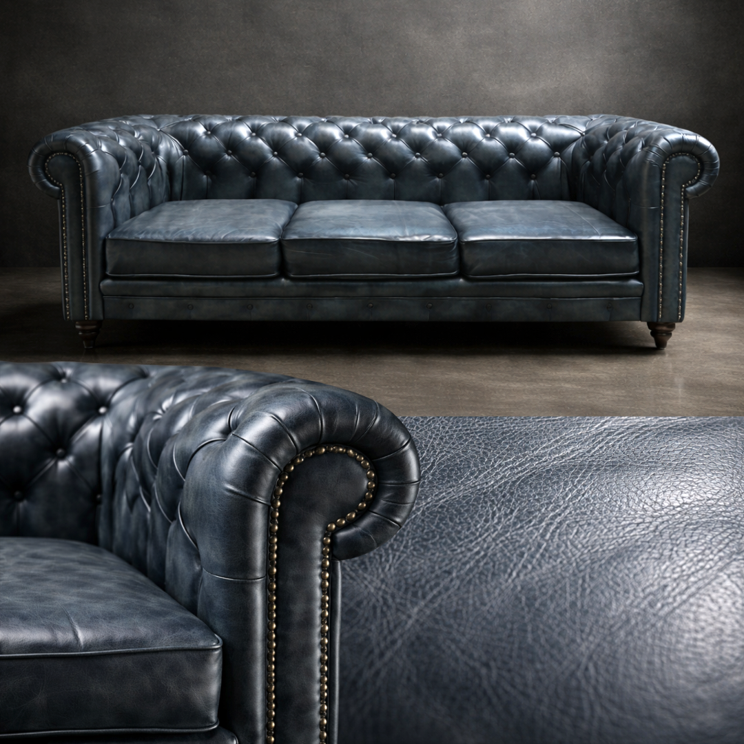 A dark blue tufted leather Chesterfield sofa shown in a studio setting, with a close-up of the matching leather upholstery in the foreground.