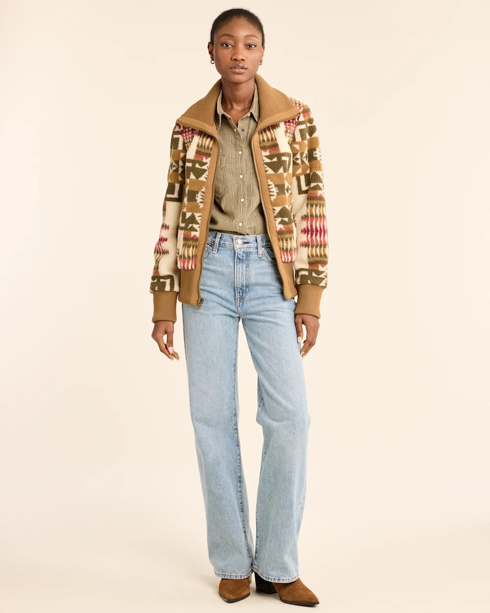 Chief Joseph Ivory Bomber Jacket - Tan, Olive green, Ivory & pink - Pendleton Chief Joseph Pattern - Solid-color Ribbed Cuffs - Fleece - Your Western Decor