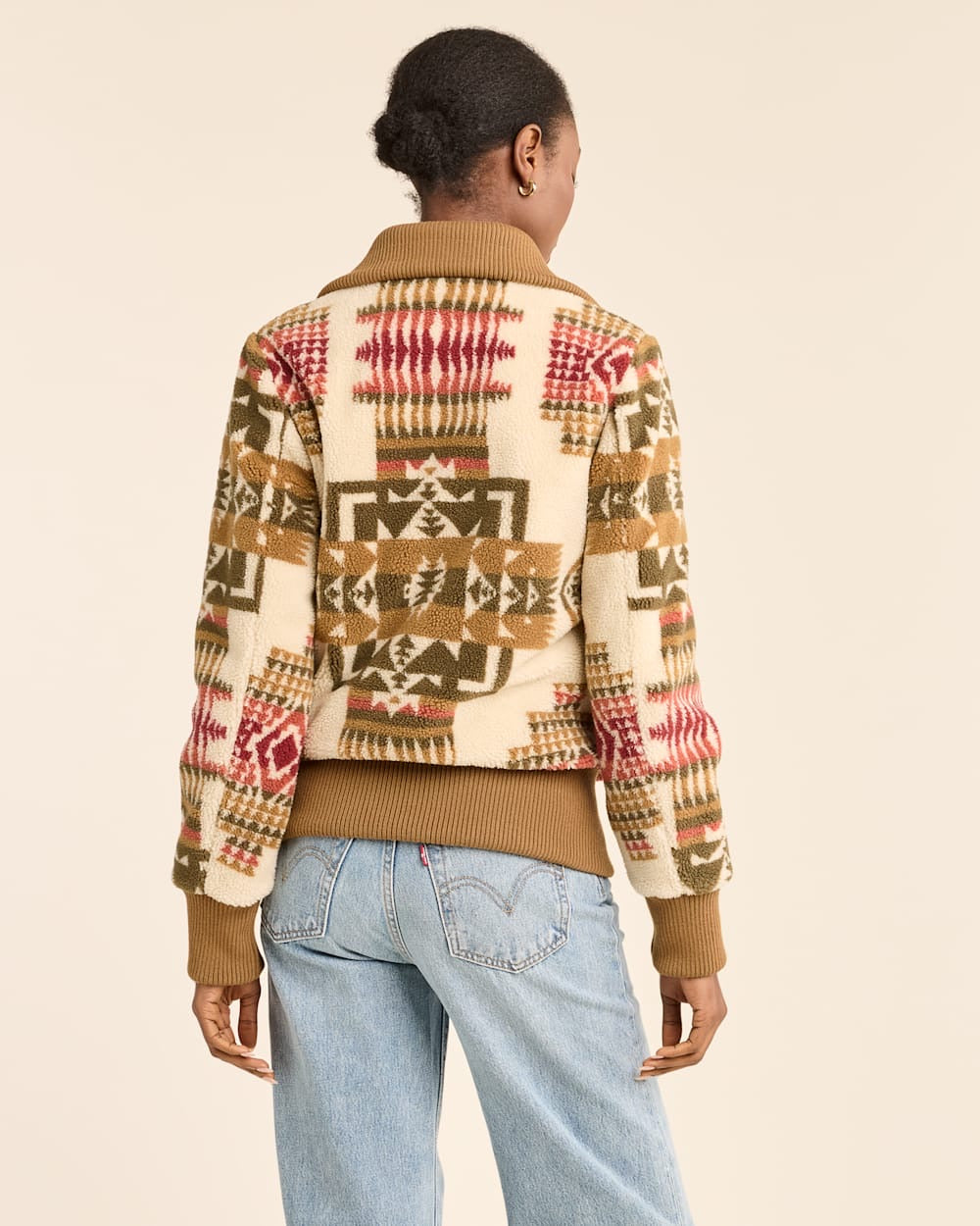 Chief Joseph Ivory Bomber Jacket - Tan, Olive green, Ivory & pink - Pendleton Chief Joseph Pattern - Solid-color Ribbed Cuffs - Fleece - Your Western Decor