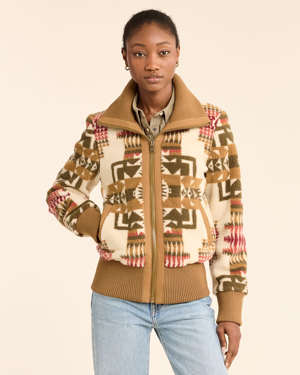 Chief Joseph Ivory Bomber Jacket - Tan, Olive green, Ivory & pink - Pendleton Chief Joseph Pattern - Solid-color Ribbed Cuffs - Fleece - Your Western Decor