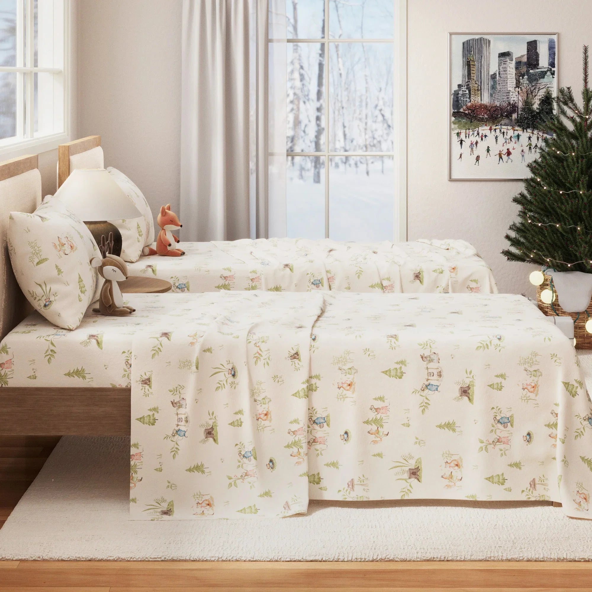 Bed with floral bedding in a bedroom setting with a Christmas tree.