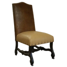 Brown leather chair with beige leather cushion and nail tacking detail