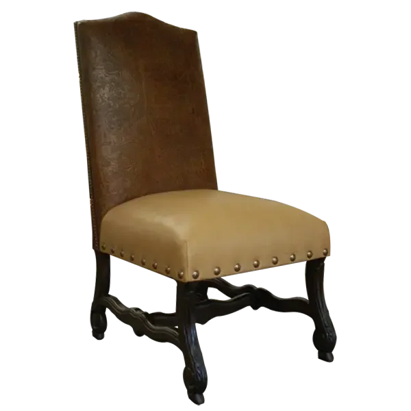 Brown leather chair with beige leather cushion and nail tacking detail