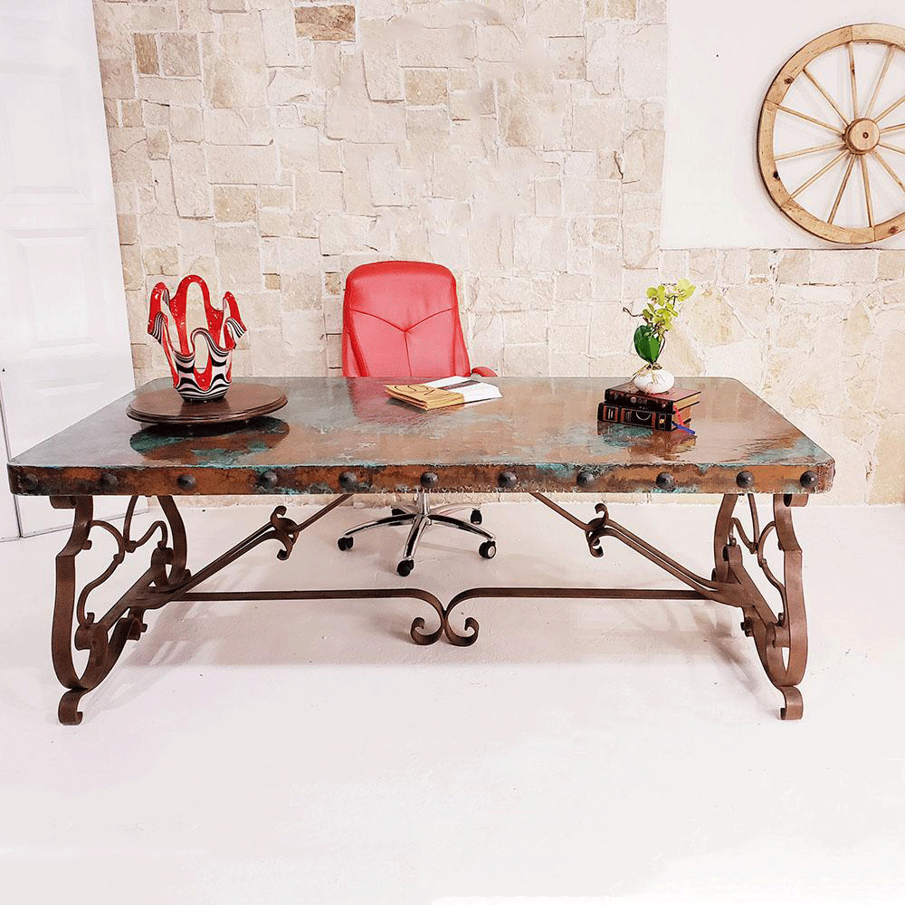 handcrafted copper oxidized rectangular conference or dining table on hand-forged iron base 