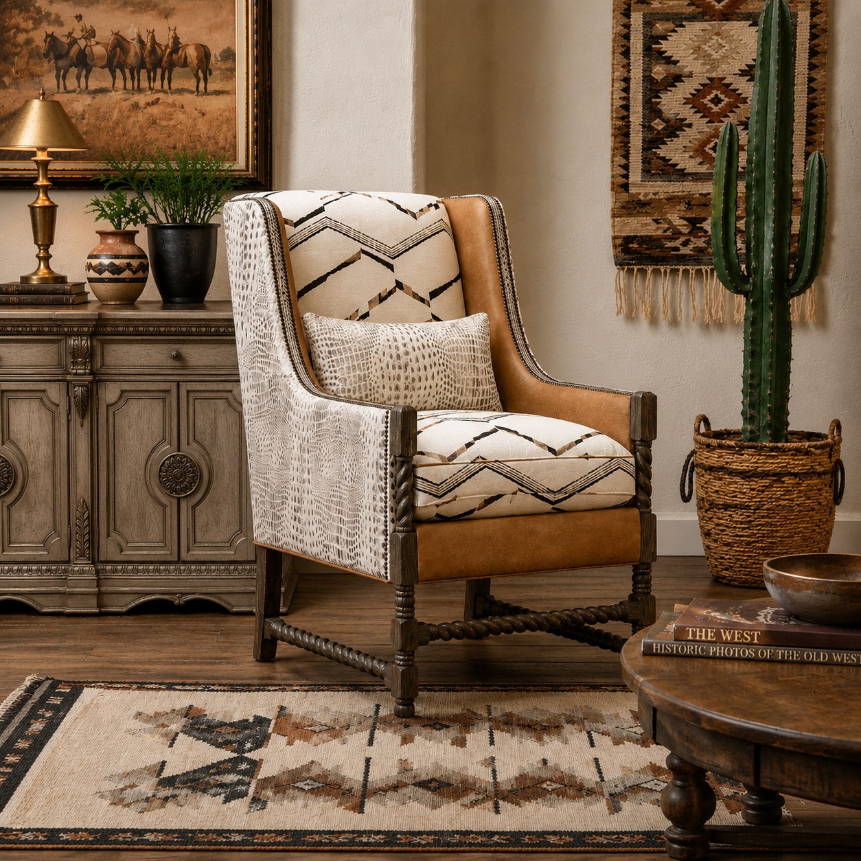 Croc About Accent Chair styled in a warm Western-inspired living room featuring Southwestern textiles, rustic wood furniture, cactus decor, and rich earthy tones.