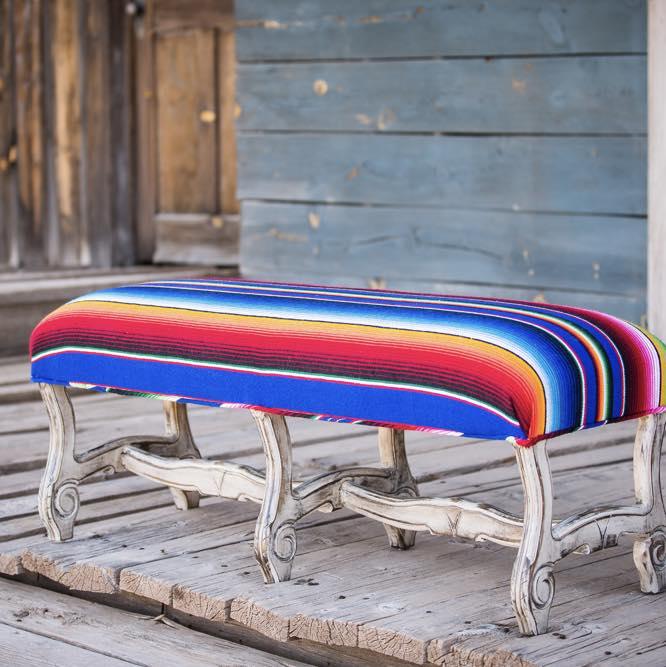 Bright serape coastal style bench with hand carved frame - Your Western Decor