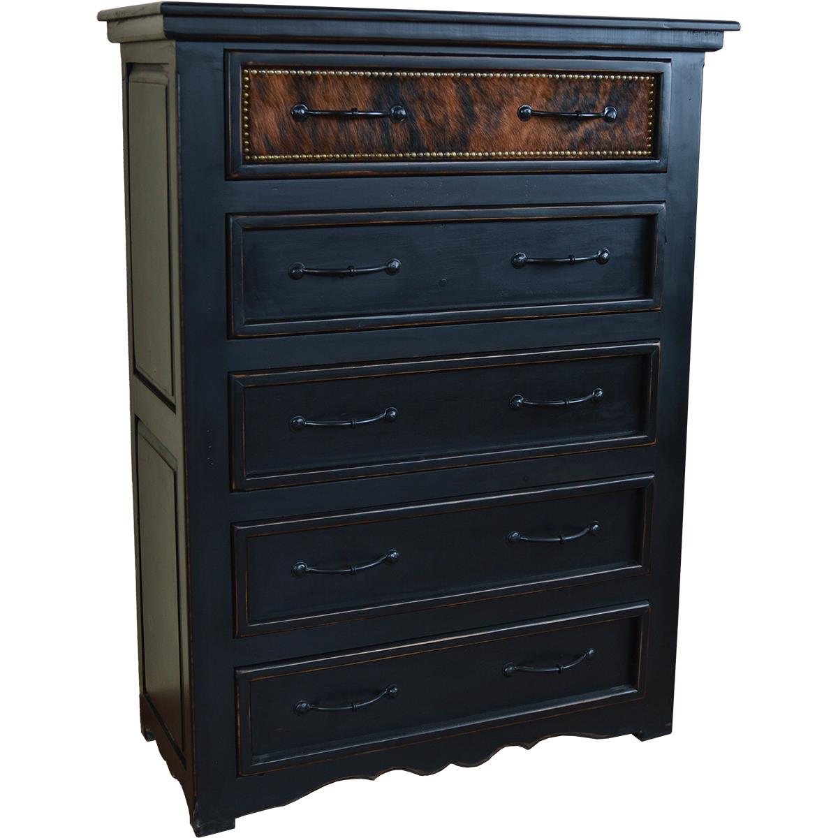 Distressed ebony 4 drawer dresser with brindle cowhide upholstered top drawer - Your Western Decor