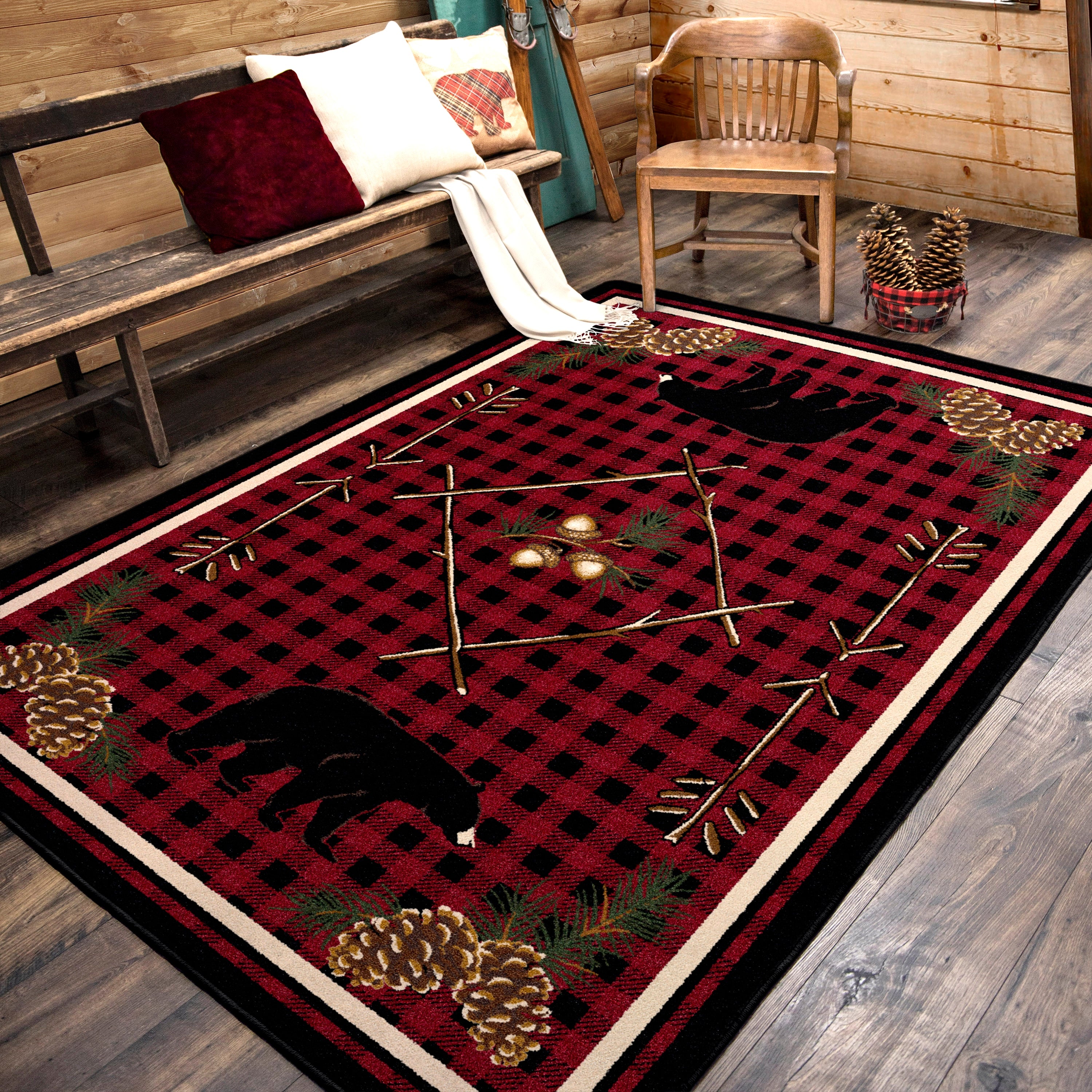 Deep woods black red buffalo check rug with bears, pine cones and acorns made in the USA - Your Western Decor