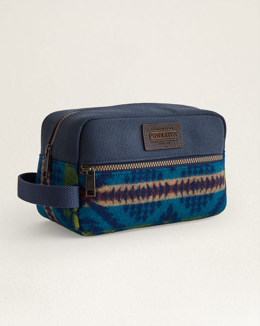 Diamond Desert Toiletry Bag - Blue, Tan, Burnt Orange & Green - Front zipper pouch - Leather Pendleton Logo - Your Western Decor