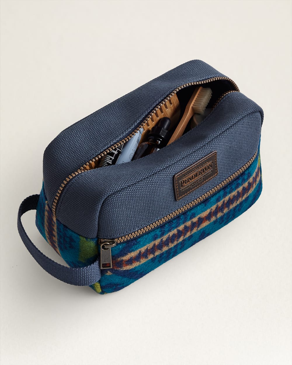 Diamond Desert Toiletry Bag - Blue, Tan, Burnt Orange & Green - Front zipper pouch - Leather Pendleton Logo - Your Western Decor