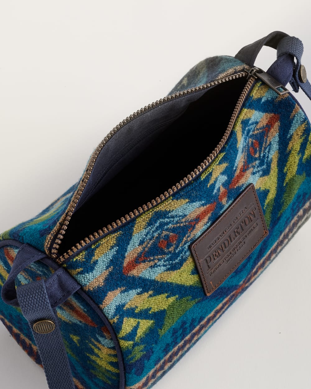 Diamond Desert Travel Kit - Blue, Tan, Burnt Orange & Green - Wool & Cotton - Blue strap - Dark Brown Leather Pendleton Logo - Zipper top closure - Your Western Decor