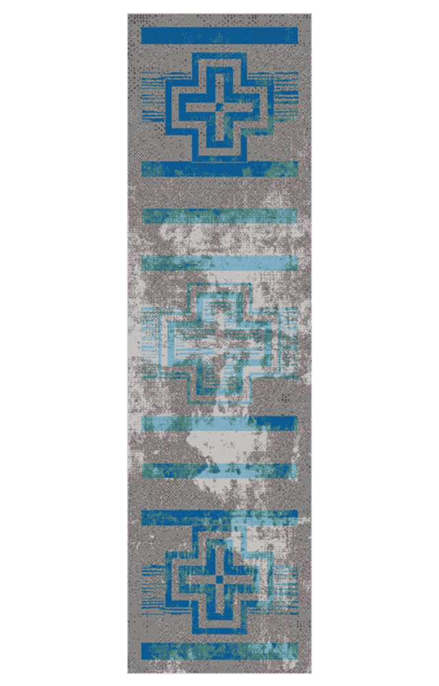 Distressed Bounty Glacier Southwestern Floor Runner with crosses in grey and blues - Made in the USA - Your Western Decor