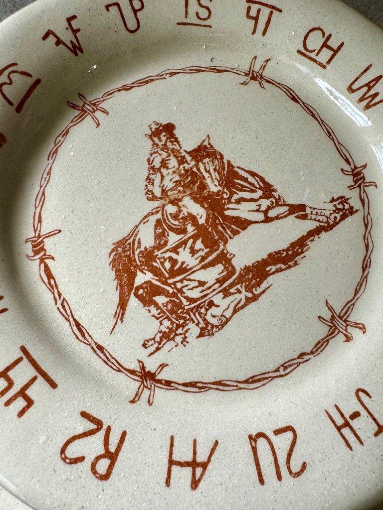 Blue Mountain Brands Salad Plate with barrel racer, barbed wire and brands. Handmade in Pendleton, Oregon for Your Western Decor