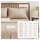 Bed with floral bedding and a chart showing sheet and pillowcase sizes.