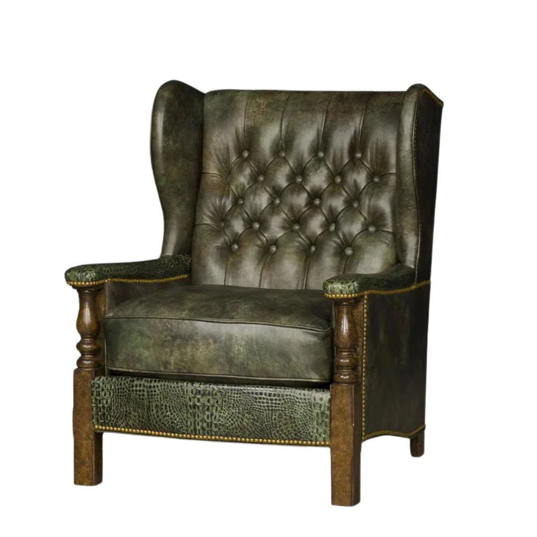 Luxury American made distressed dark green leather wingback chair with button tufting - Your Western Decor