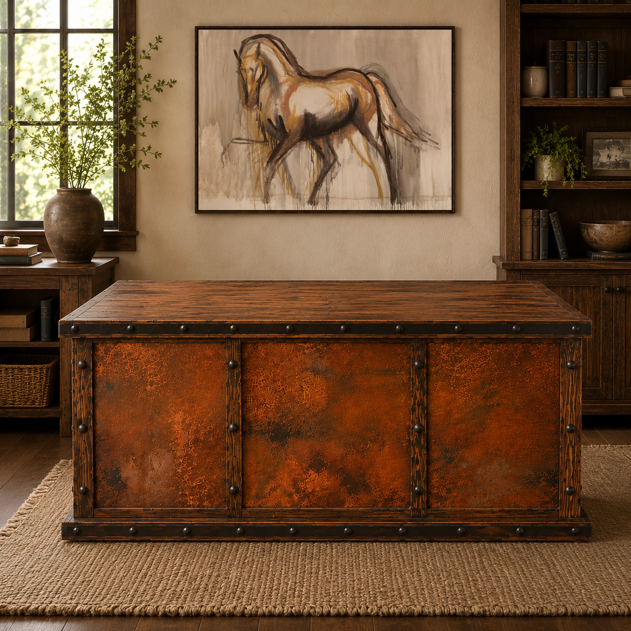 A rustic wooden office desk with distressed copper front panels and dark metal corner rivets, placed on a woven rug in a styled room with a horse painting on the wall behind it.
