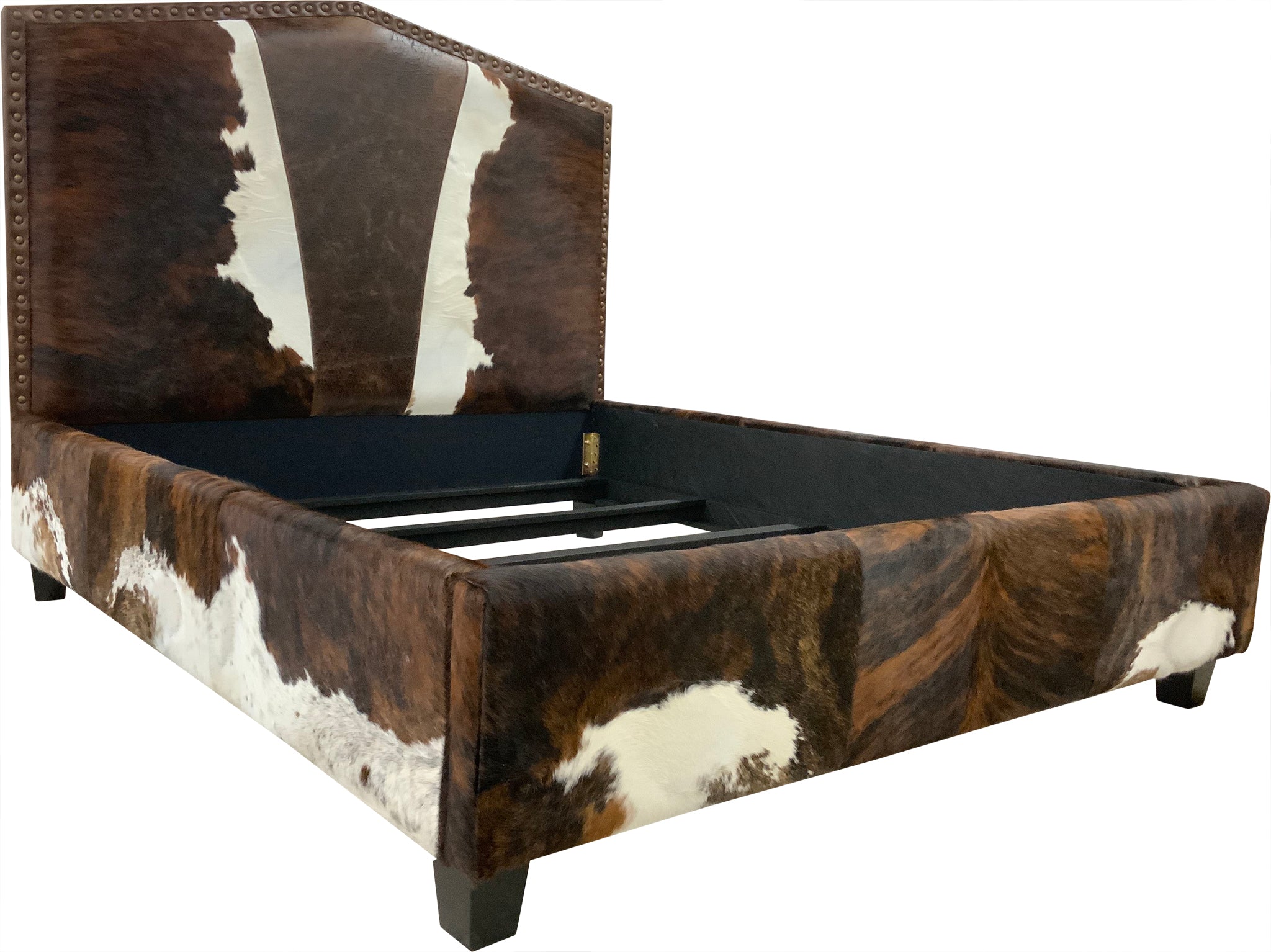 western upholstered cowhide bed frame brindle hair on hide leather
