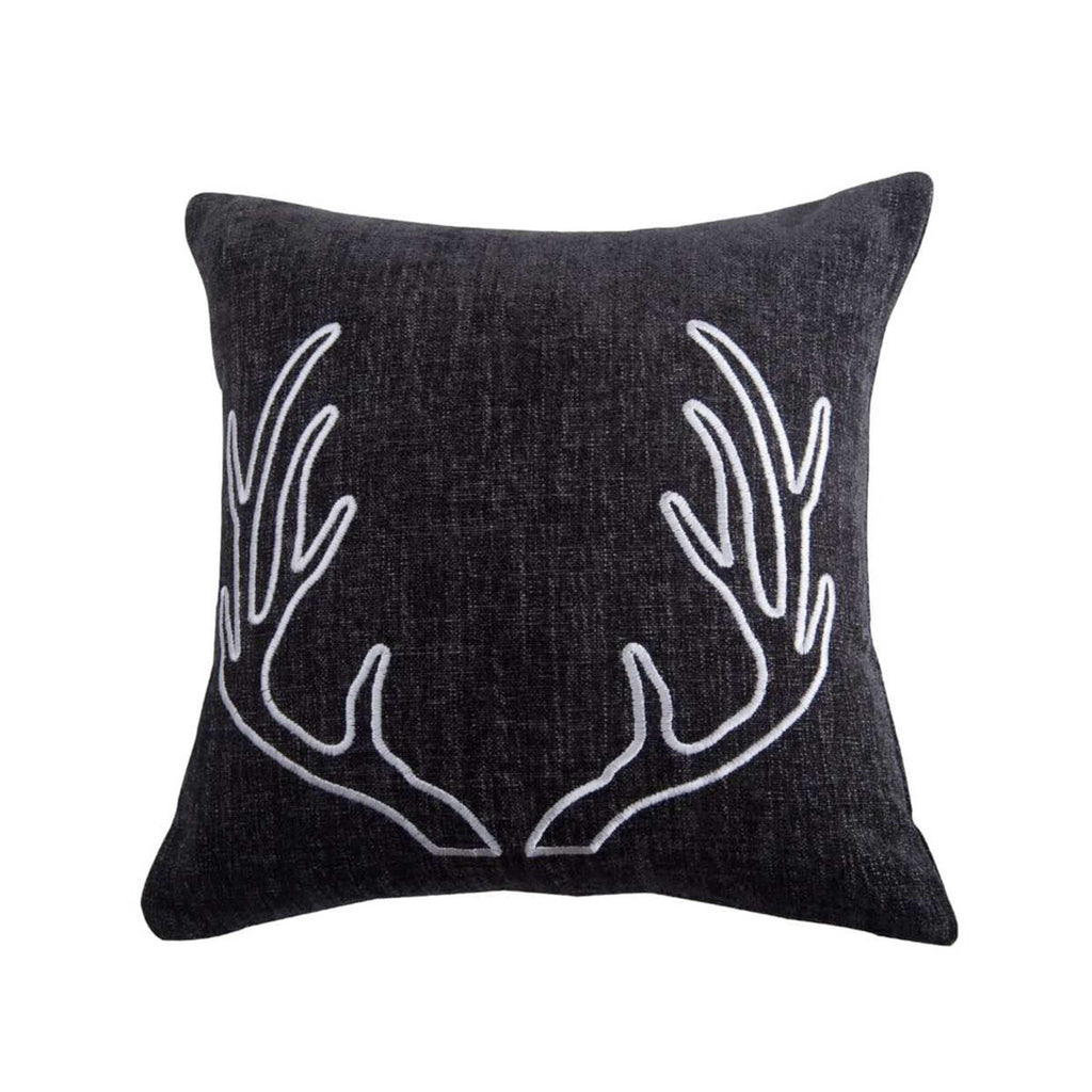 Hamilton Grey Chenille Embroidered Antler Pillow front view from HiEnd Accents