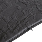 Close-up of a textured black bag with a zipper on a white background