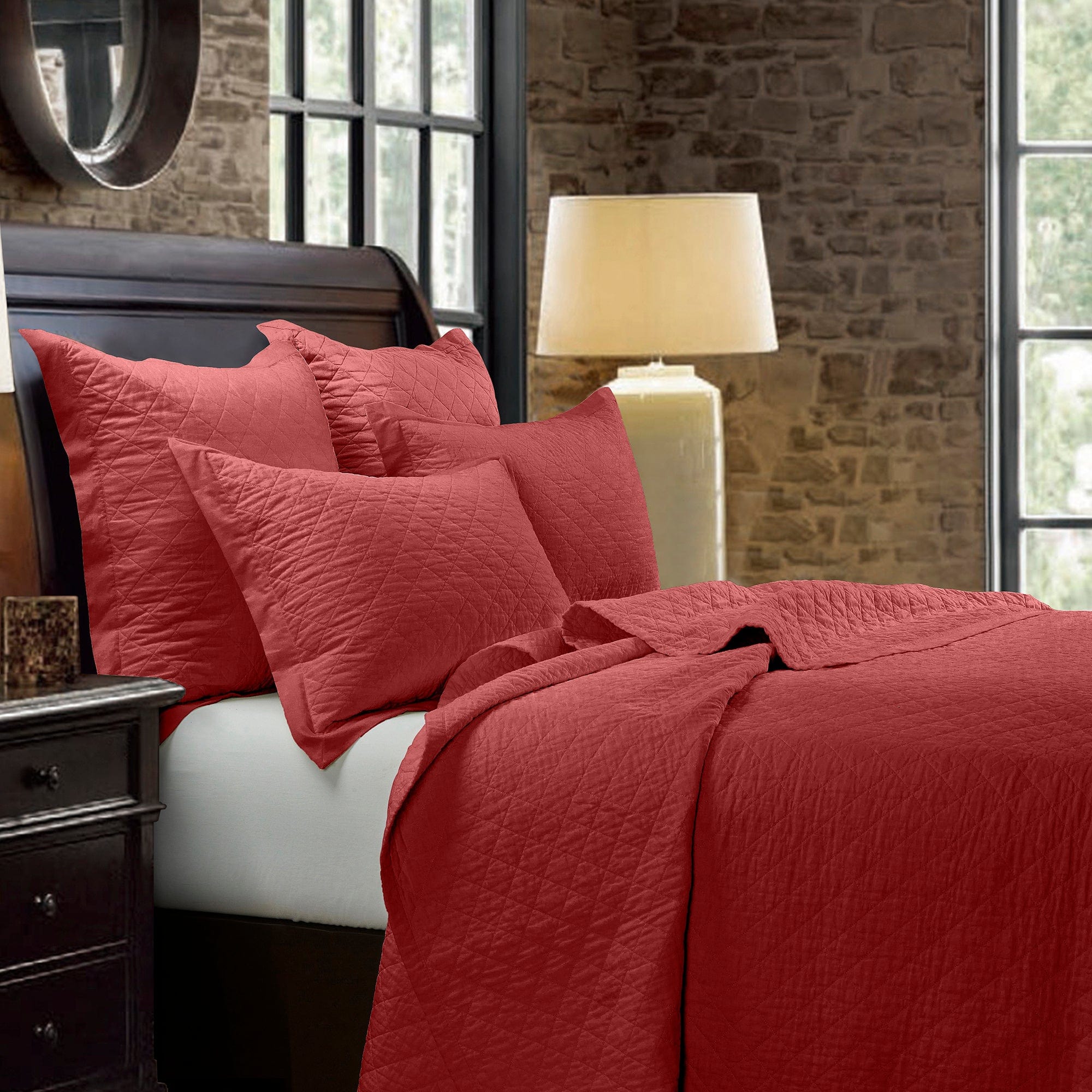 Linen Cotton Diamond Quilt Set in Red color from HiEnd Accents