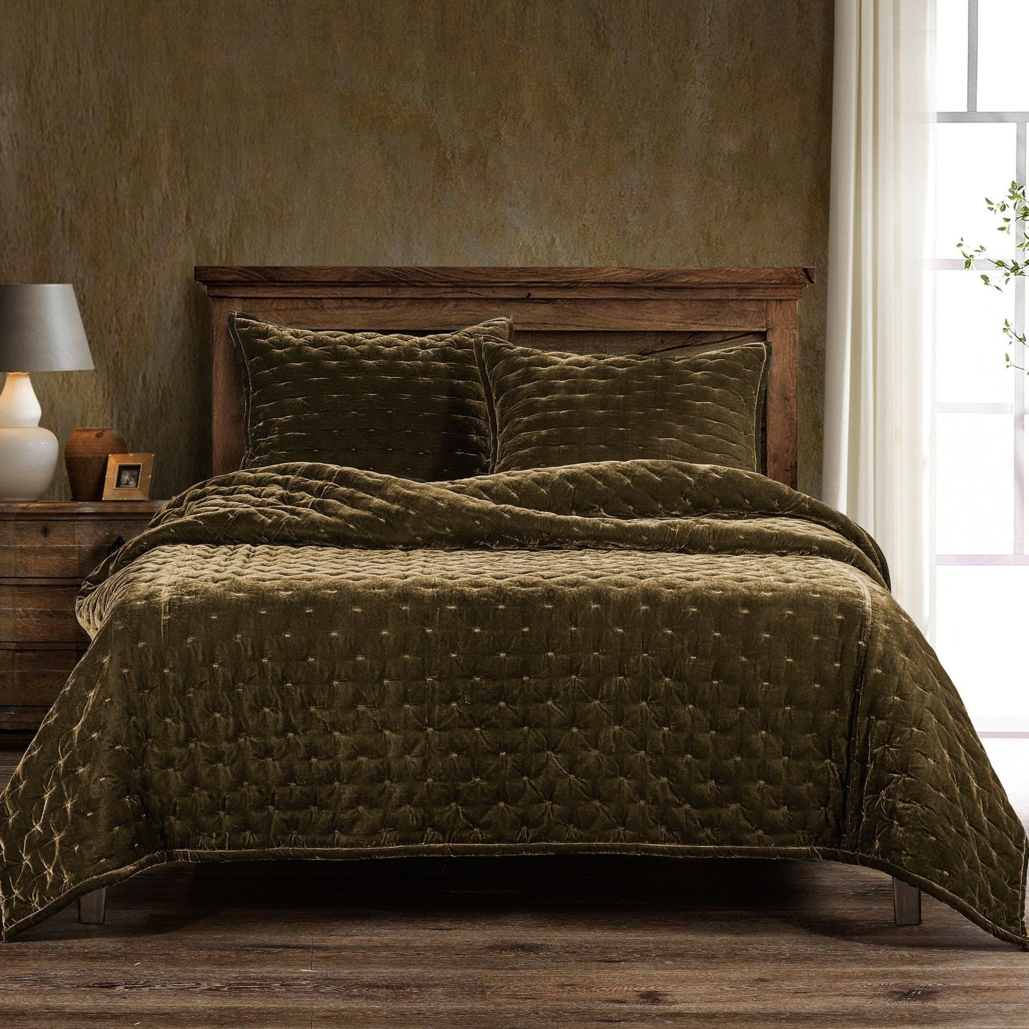 Vegas Faux Silk Velvet Quilt in Olive Green - Your Western Decor